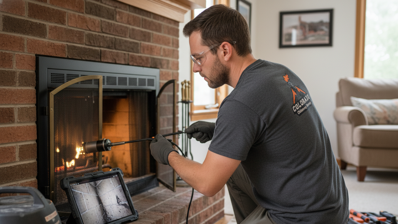 Chimney inspector using camera to examine flue liner interior